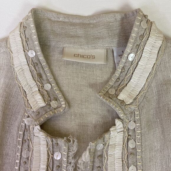 Chico’s Artisan Accent Aleanna Open Front Jacket Silver Sand Size 1 & Medium - Picture 13 of 13